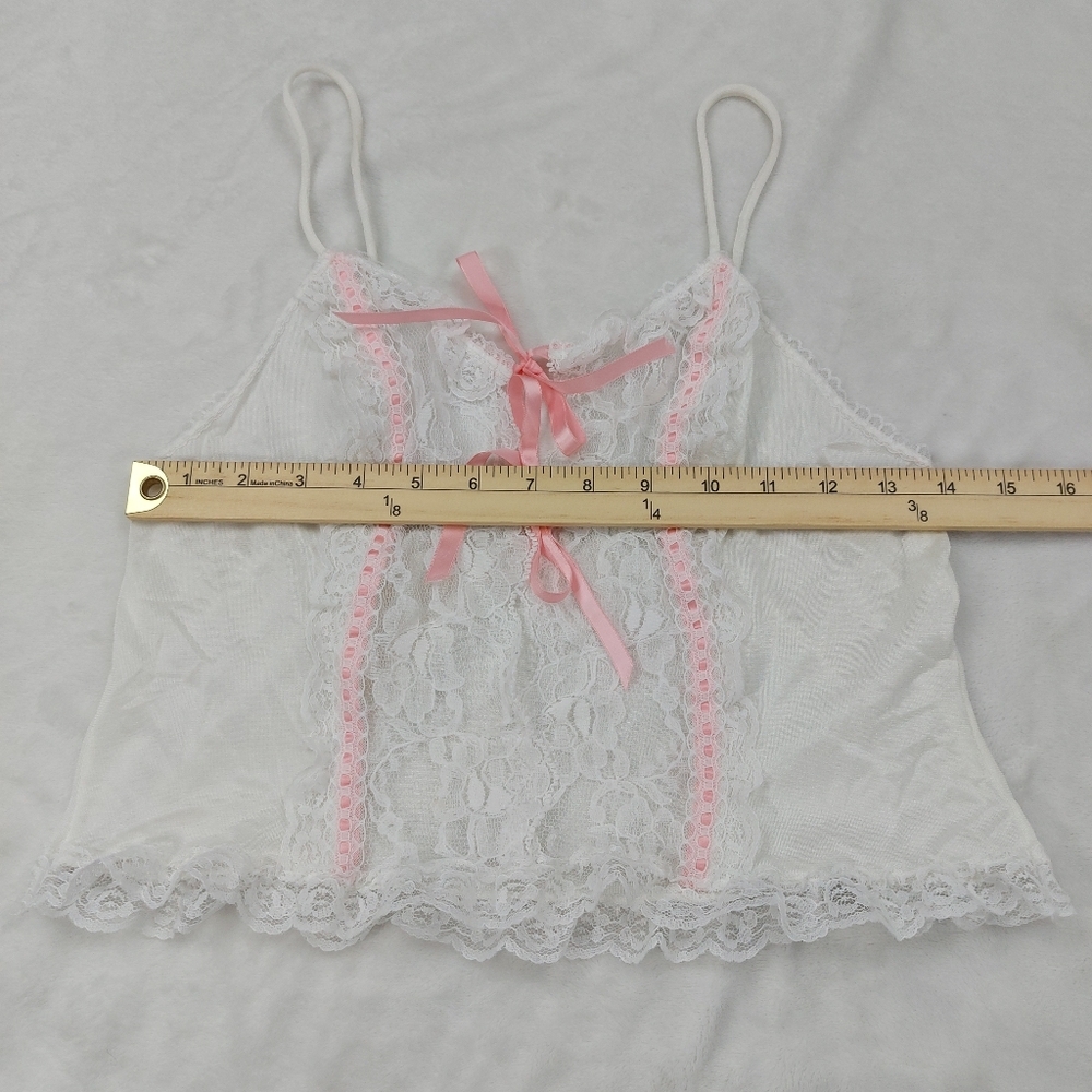 VINTAGE BABYDOLL TOP WOMENS WHITE LACE CROP LACE UP PINK RIBBON CAMISOLE SIZE M - Picture 2 of 6